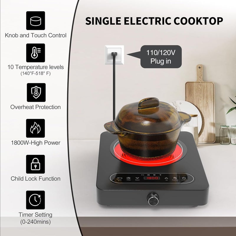 Bgk Single Burner Electric Cooktop, 110V 1800W Electric Cooktop with LED Touch Controls and Knob Controls, 10 Power Levels, 4-Hour Timer, Safety Lock, Single Burner Overheat Protection - Image 3